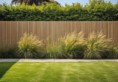 green grass lawn, plants and wooden fence in summer backyard garden